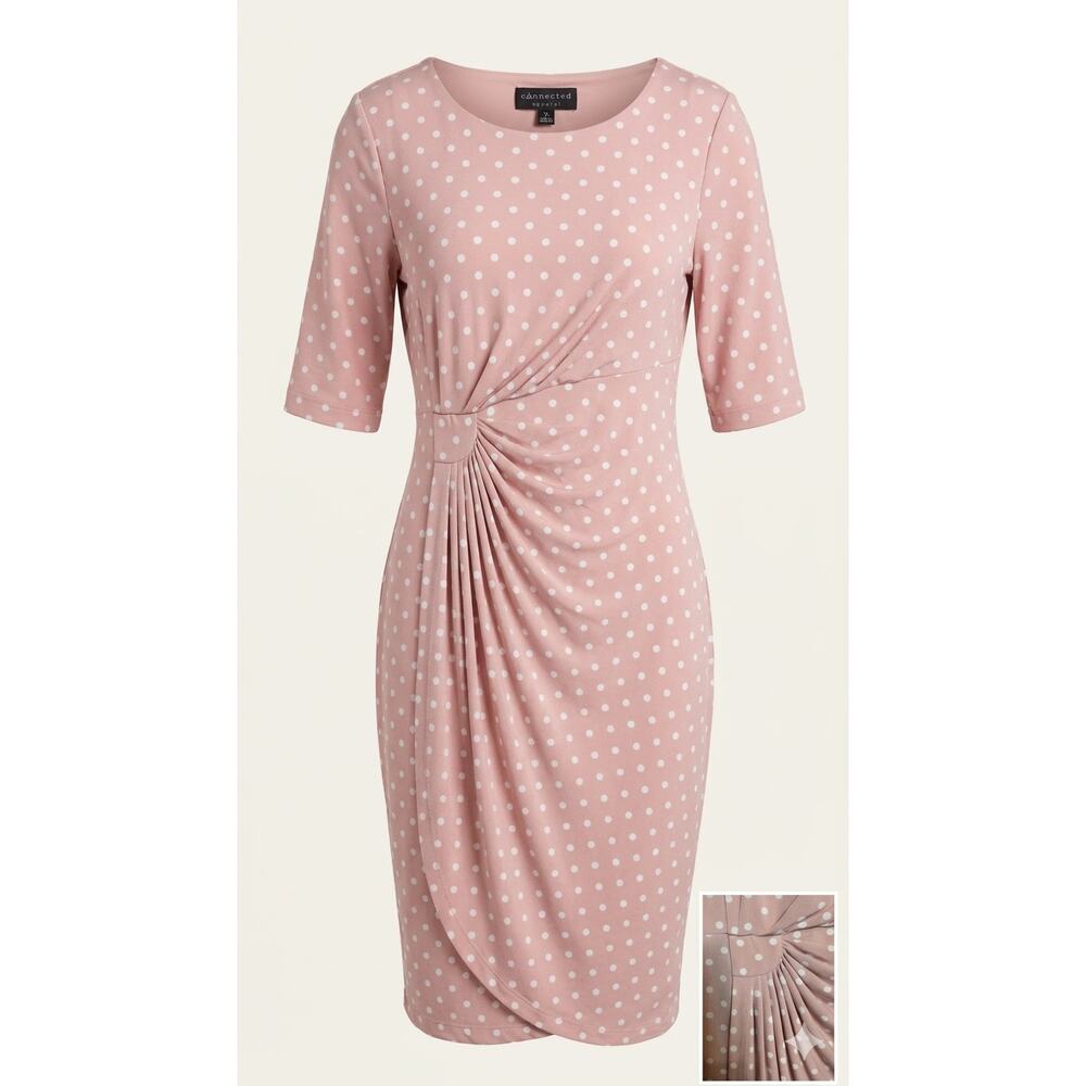 Connected Apparel Pink & White Polka Dot Mock-Wrap Dress
